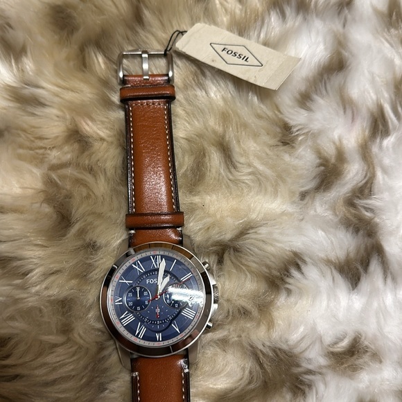 Fossil FS5210 Grant Blue Chronograph Dial Brown Leather Strap Men's Watch NWT - Picture 2 of 5